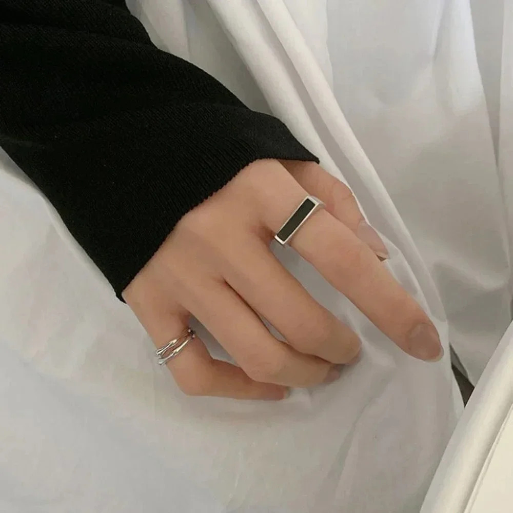 Minimalist 925 Sterling Silver Black Bar Ring Dainty Trendy Adjustable Ring